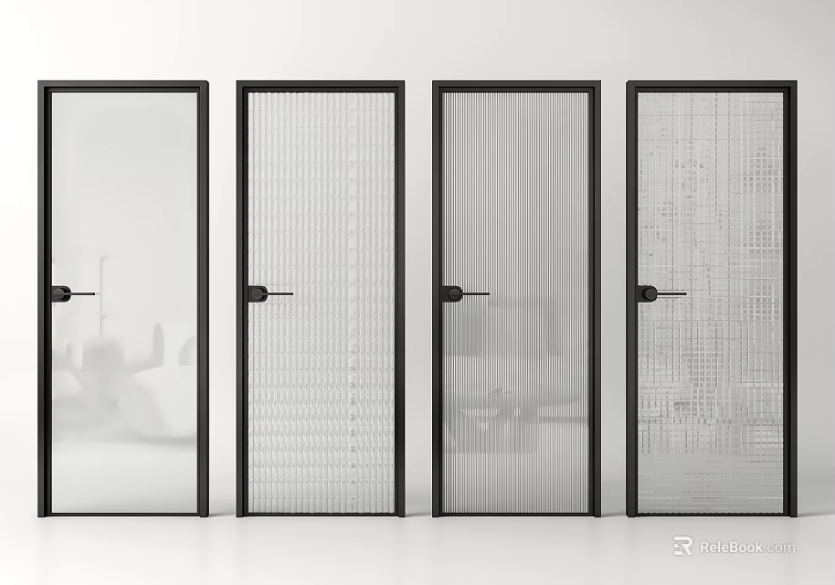 Modern Interior Swing Doors With Black Frames And Various Glass Patterns 3d model