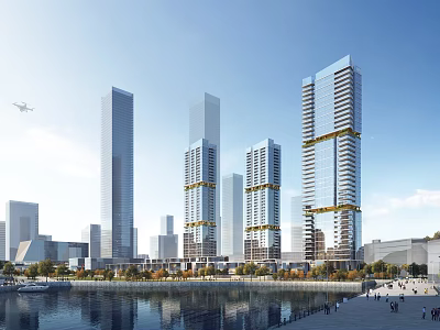 Modern High Rise Office Buildings Waterfront With Glass Curtain Walls Blue Sky And Pedestrians 3d model