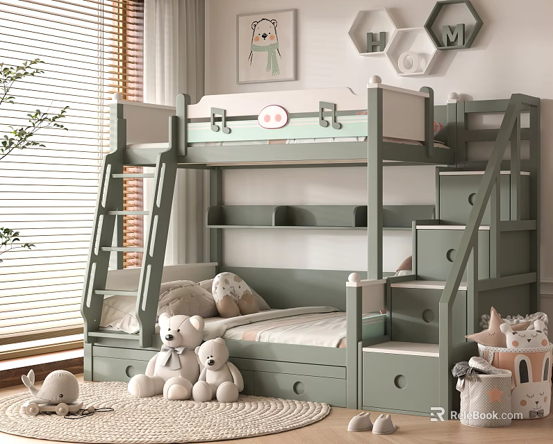 Green Bunk Bed With Staircase And Drawers In Kids Room With Wall Art And Stuffed Toys 3d model 