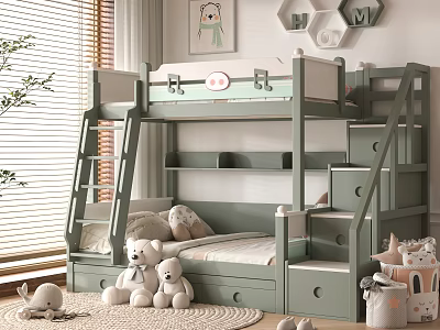 Green Bunk Bed With Staircase And Drawers In Kids Room With Wall Art And Stuffed Toys 3d model