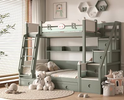 Green Bunk Bed With Staircase And Drawers In Kids Room With Wall Art And Stuffed Toys 3d model