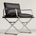 Modern Black Leather Leisure Chair Featuring Metal Crossed Frame and Wooden Armrests