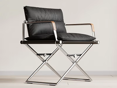 Modern Black Leather Leisure Chair Featuring Metal Crossed Frame and Wooden Armrests 3d model