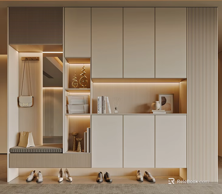 Modern Shoe Cabinet Design With Sleek Cabinets Integrated Lighting And Storage Shelves 3d model 