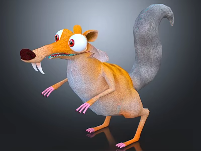 Cartoon Creature Character With Long Snout Large Teeth Big Eyes Fluffy Tail Orange Gray Fur 3d model