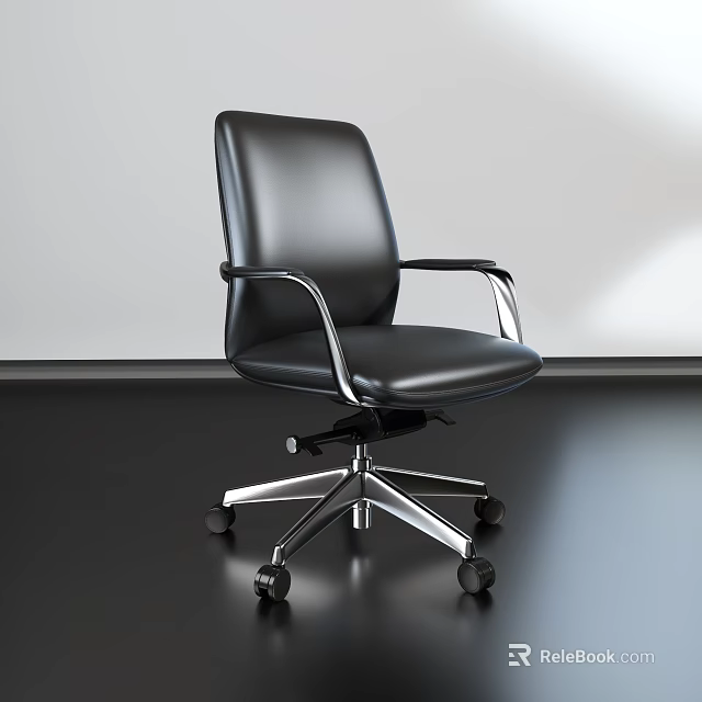 Black Leather Office Chair With Metal Armrests And Five Star Caster Base 3d model 