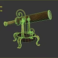 Vintage Wooden Telescope with Golden Decorations and Curved Stand on Round Base