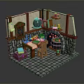Medieval Kitchen Scene With Stone Walls Wooden Frames Table Chair Cauldron Shelf And Stone Tiles
