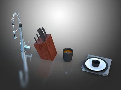 Essential Kitchen Hardware Tools Including Faucet Knives And Wooden Knife Block 3d model