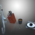 Essential Kitchen Hardware Tools Including Faucet Knives And Wooden Knife Block