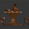 Wooden Table Setup With Red Vase Cookies Plate Beer Mug Poker Cards And Wooden Stool