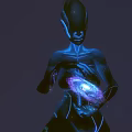 Glowing Blue Alien Character Holding Radiant Orb In Dark Cosmic Space Background