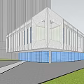 Modern Sales Office Building Exterior With Large Glass Windows Geometric Design And Green Lawn