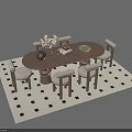 Wooden Dining Table and Chairs Set with Vase White Flowers Fruit Plate and Checkered Rug