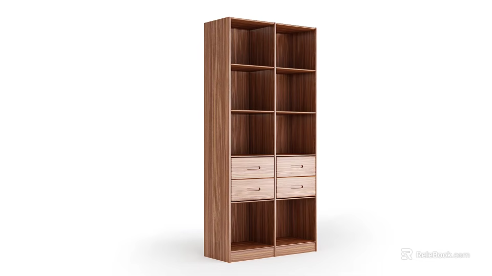 Wooden Bookshelf With Open Shelves And Bottom Drawers Modern Home Storage Furniture Design 3d model 