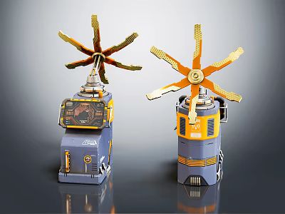 Mechanical Equipment With Blue Yellow Bodies Rotating Yellow Blades And Control Panels 3d model