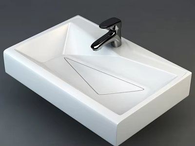 Minimalist Modern White Square Washbasin With Sleek Lines And Black Faucet 3d model