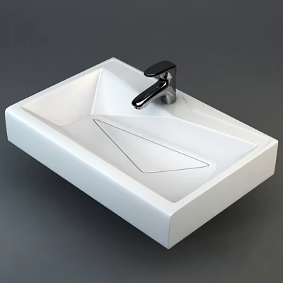 Minimalist Modern White Square Washbasin With Sleek Lines And Black Faucet 3d model