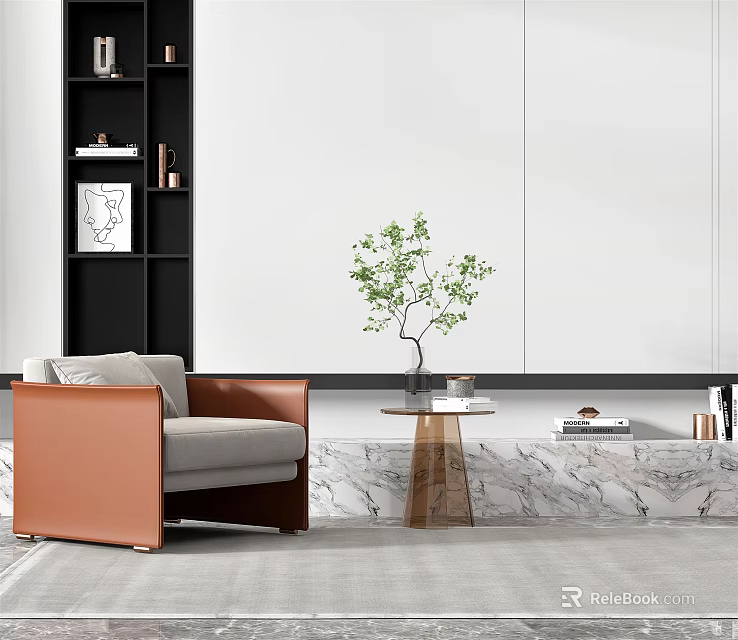 Modern Single Seater Brown Leather Sofa With Side Table Green Plant On Marble Floor 3d model 