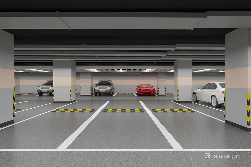 Indoor Parking Garage With Parked Cars White Lines Yellow Black Warning Strips Columns And Lighting 3d model 