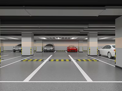 Indoor Parking Garage With Parked Cars White Lines Yellow Black Warning Strips Columns And Lighting 3d model