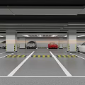 Indoor Parking Garage With Parked Cars White Lines Yellow Black Warning Strips Columns And Lighting