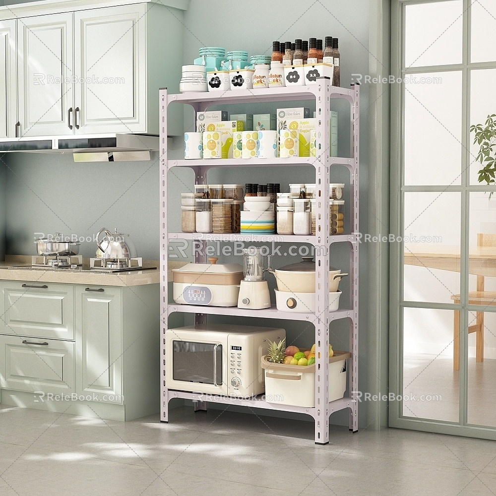 Cream Style Kitchen Storage Rack Multifunctional Angle Steel Shelf Storage Rack 3d model