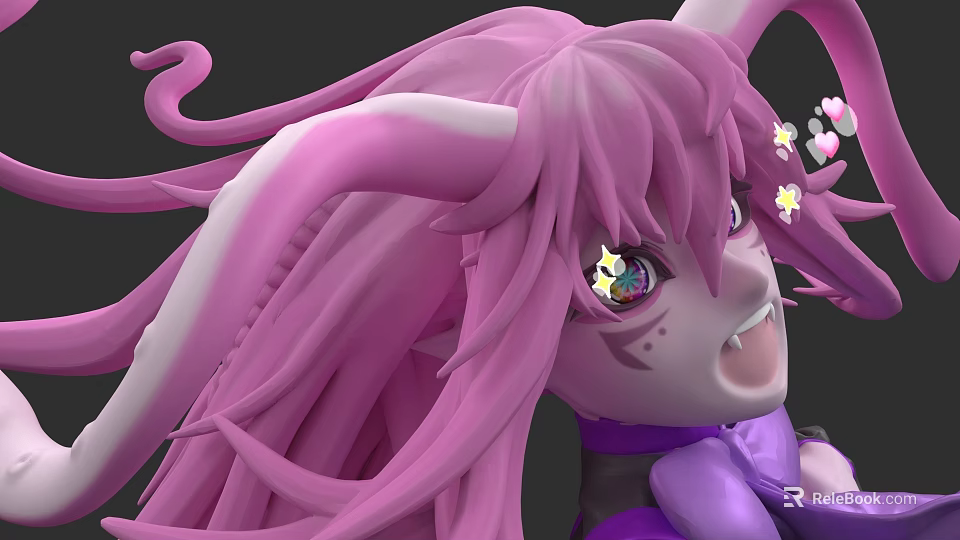 Vibrant Pink Haired Woman With Rabbit Ears Starry Eyes Open Mouth And Purple Garment 3d model 