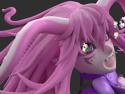 Vibrant Pink Haired Woman With Rabbit Ears Starry Eyes Open Mouth And Purple Garment 3d model
