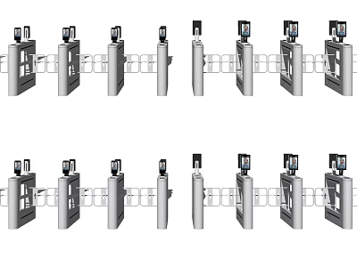 Public Facility Silver Access Control Turnstiles With Identification Devices Neatly Arranged 3d model