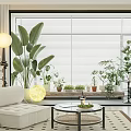 Home Balcony with Cozy Sofa Bright Blinds and Natural Plants on Coffee Table