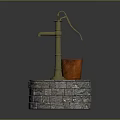 Green Hand Water Pump With Orange Bucket On Stone Base
