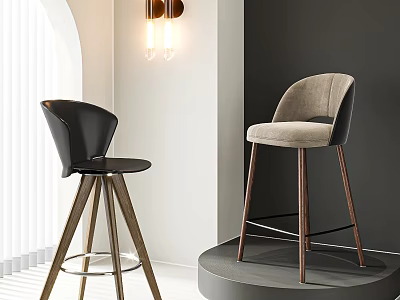 Black And Beige Modern Bar Stools With Wooden Legs And Backrest In Stylish Interior 3d model