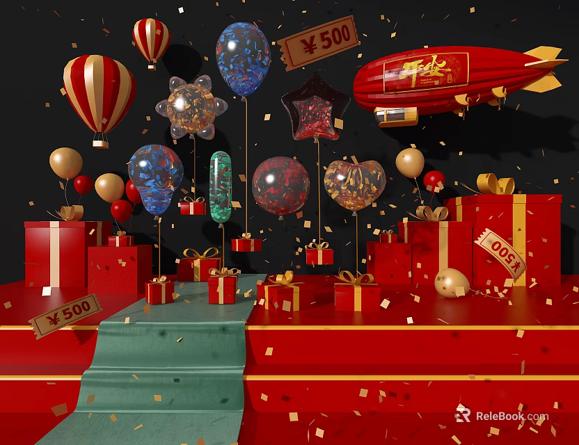 E Commerce Sale Promotion with Red Gift Boxes Balloons ¥500 Discount Tags and Gold Decorations 3d model 