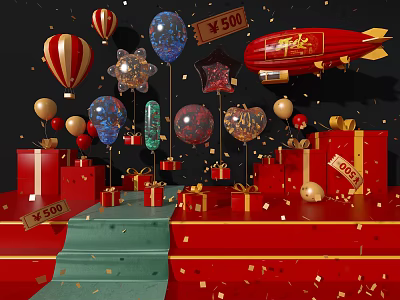 E Commerce Sale Promotion with Red Gift Boxes Balloons ¥500 Discount Tags and Gold Decorations 3d model