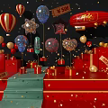 E Commerce Sale Promotion with Red Gift Boxes Balloons ¥500 Discount Tags and Gold Decorations