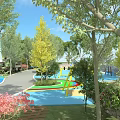 Colorful Kids Play Area With Rainbow Water Features Sand Pit And Trees