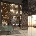 Modern Cinema Lobby Featuring Decorative Columns Warm Lighting And People Walking Through