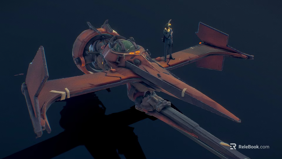 Futuristic Reddish Orange Spaceship With Mechanical Wings Cockpit And Standing Character 3d model 