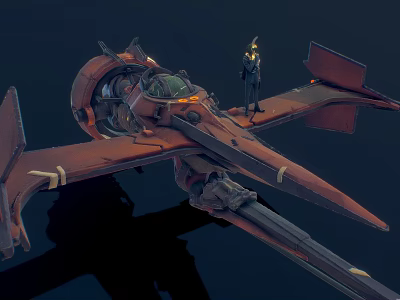 Futuristic Reddish Orange Spaceship With Mechanical Wings Cockpit And Standing Character 3d model