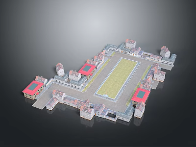 Traditional Architectural Complex 3D Model With Central Courtyard And Red Roofed Buildings 3d model