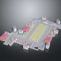 Traditional Architectural Complex 3D Model With Central Courtyard And Red Roofed Buildings