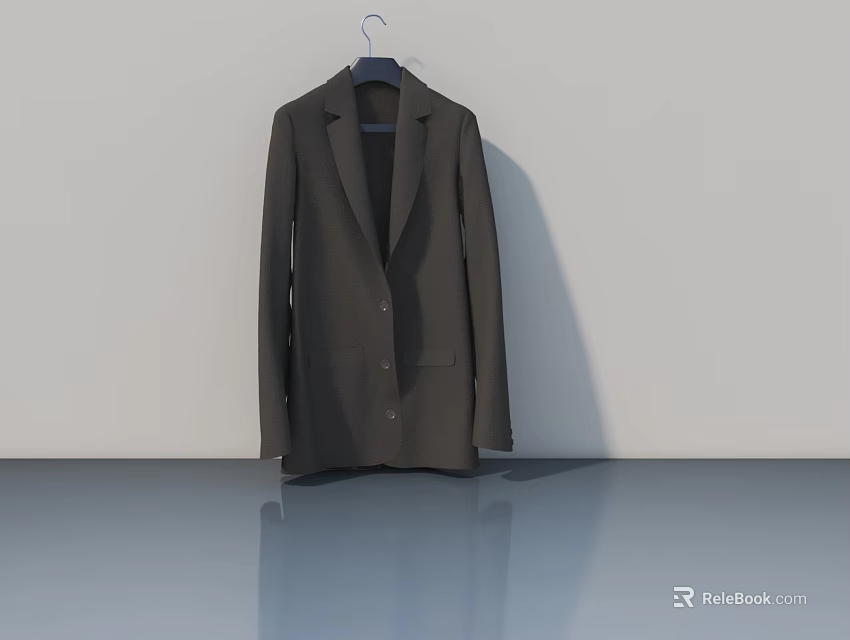 Dark Brown Suit Hanging On Hanger Against White Wall With Gray Floor Reflection 3d model 