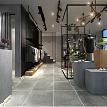 Clothing Store Interior With Open Layout Hanging Clothes Display Racks And Staircase Lighting