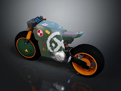 Green Custom Motorcycle With Orange Wheels Unique Graphic Design And Modern Dashboard 3d model