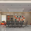 Modern Conference Room Interior With Large Screen TV Shelves Colorful Items And Spotlights