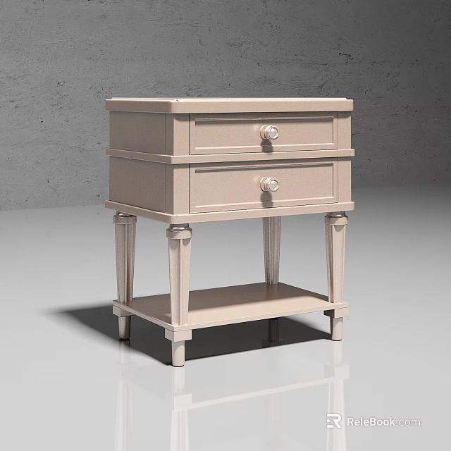 Elegant Light Colored Nightstand With Two Drawers Round Knobs And Slender Legs 3d model