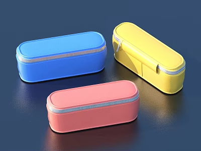 Colorful Rectangular Pencil Cases With Zipper In Blue Yellow Pink On Dark Surface 3d model