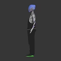 Humanoid Character With Blue Head Mechanical Skeletal Body White Gloves Black Pants Green Glowing Shoes