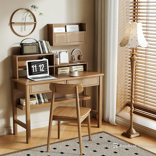 Wooden Desk Setup With Laptop Calendar Coffee Cup And Bookshelf With Headphones Floor Lamp Blinds 3d model 